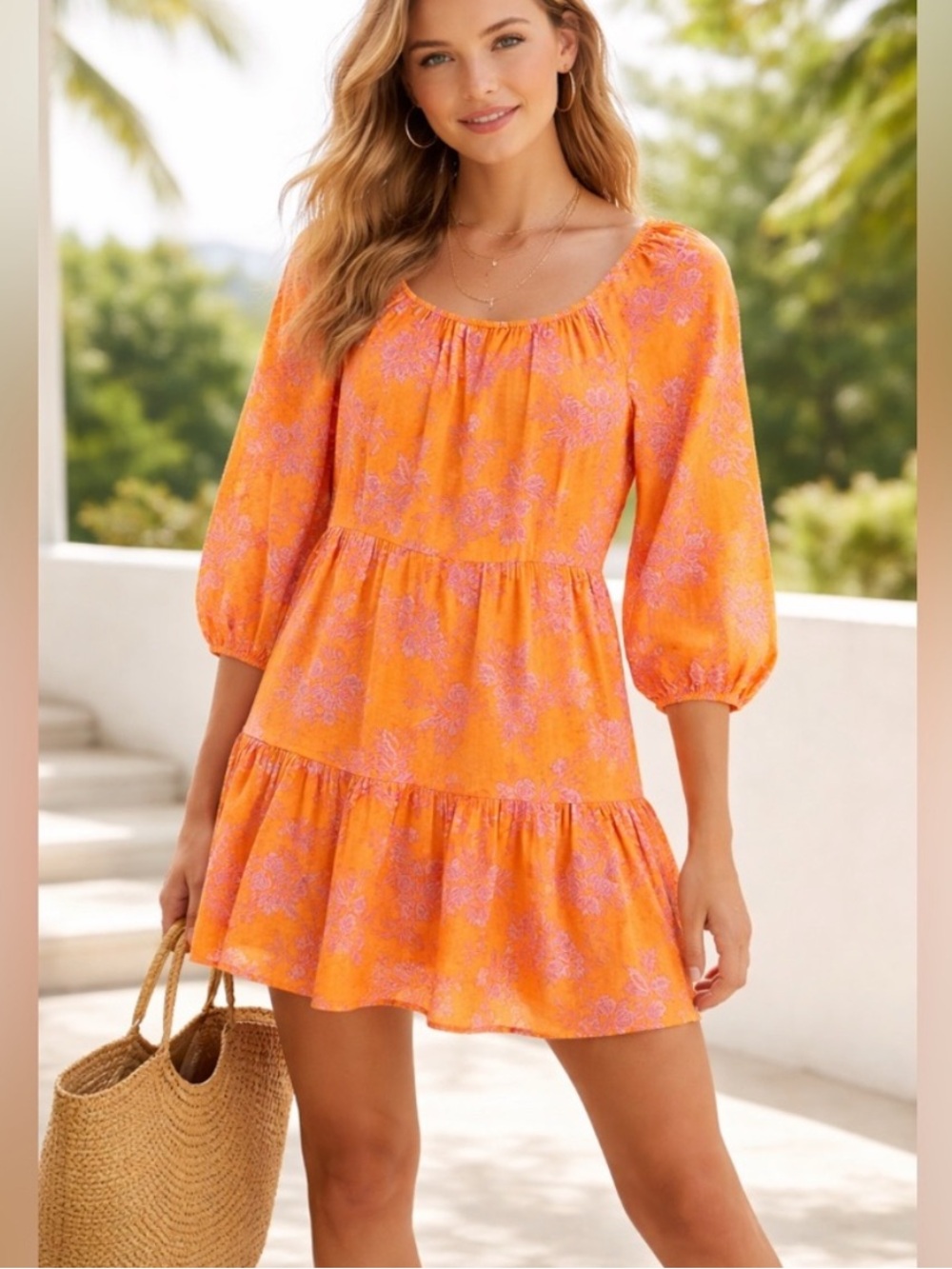 J. Crew Orange with Pink Floral Pattern Peasant Dress